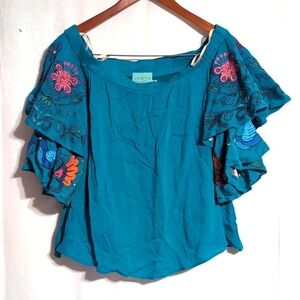 Judith March Teal Off- Shoulder Tiered Embroidered Sleeve Crepe Blouse Sz Small